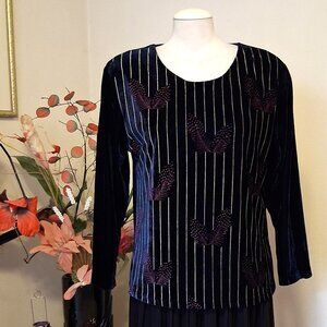 NWT Scoop Neck Navy Blue Embroidered Blouse Long Sleeve Women’s Top 12